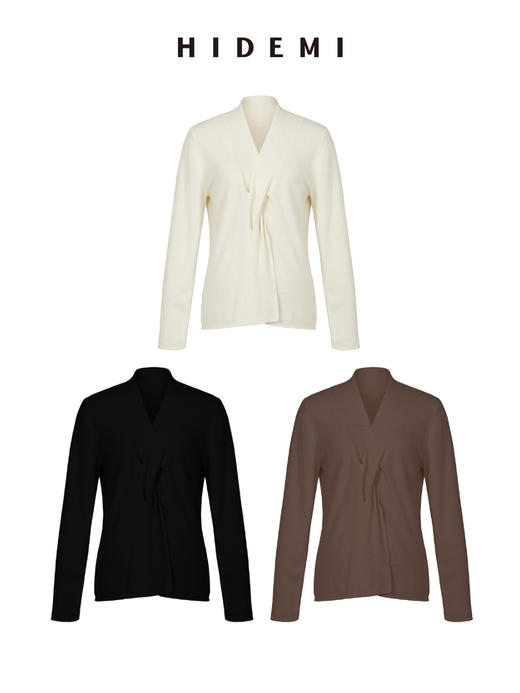 HIDEMI 美利奴超细羊毛立体交叉打结款V领修身毛衣 原白色/深摩卡/黑色 商品图0