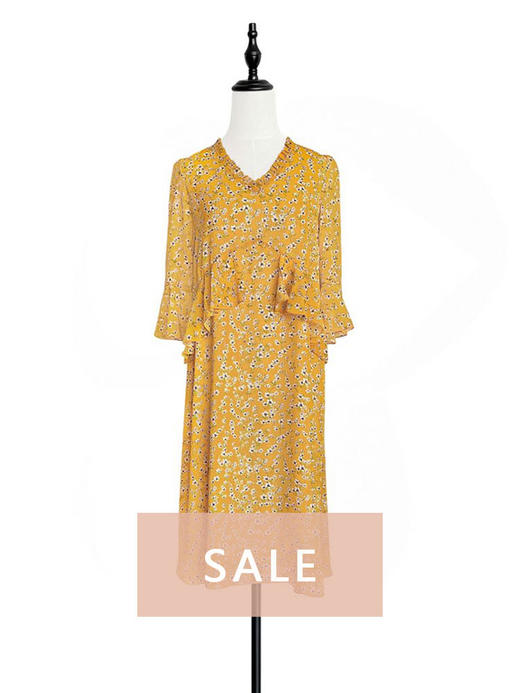 TYNVIE 荷叶边袖口中袖连衣裙 - 黄印花 商品图0