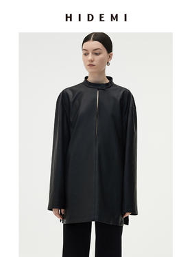 HIDEMI 黑色纽扣式镂空设计感小立领皮上衣皮衣