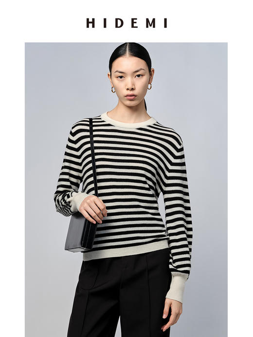HIDEMI 美利奴系列黑白条纹羊毛针织上衣 商品图0