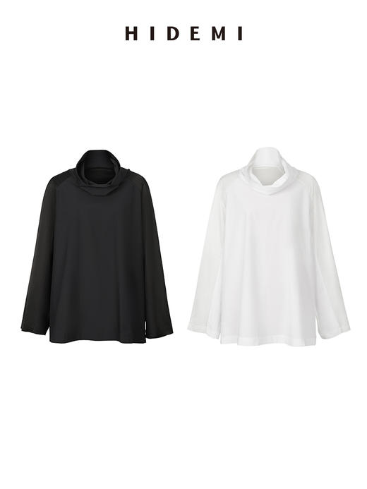 HIDEMI 醋酸缎拼接立领简约上衣 黑色/白色 商品图0