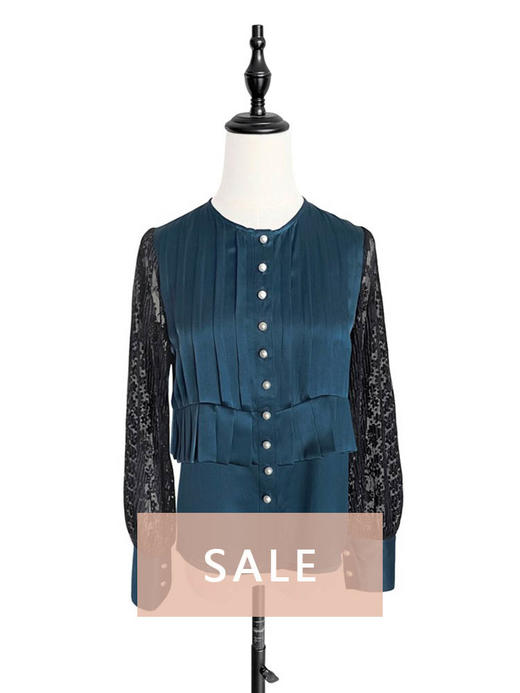 TYNVIE 百褶腰部拼接长袖衬衫 - 藏青 商品图0