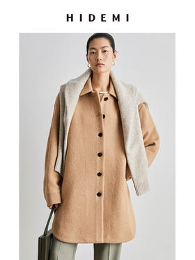 HIDEMI 简约设计感廓形纽扣小翻领厚羊毛大衣