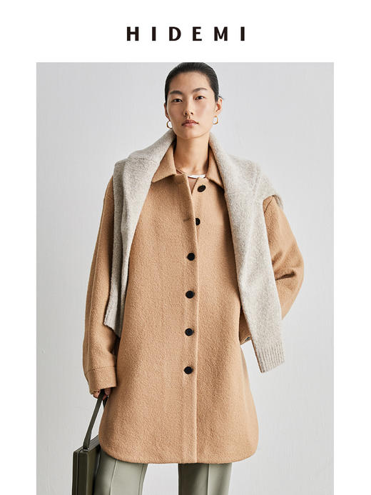 HIDEMI 简约设计感廓形纽扣小翻领厚羊毛大衣 商品图0