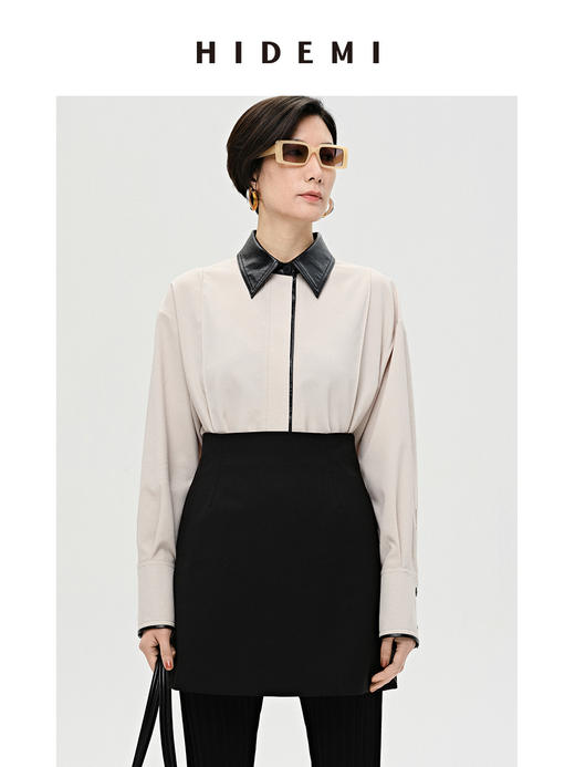HIDEMI简约设计感拼皮衬衫式外套 商品图0
