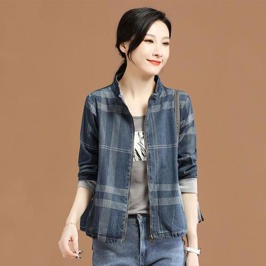 立领格子百搭牛仔外套女2022年春装新款韩版休闲短款棒球服 GYM-D1533 商品图1