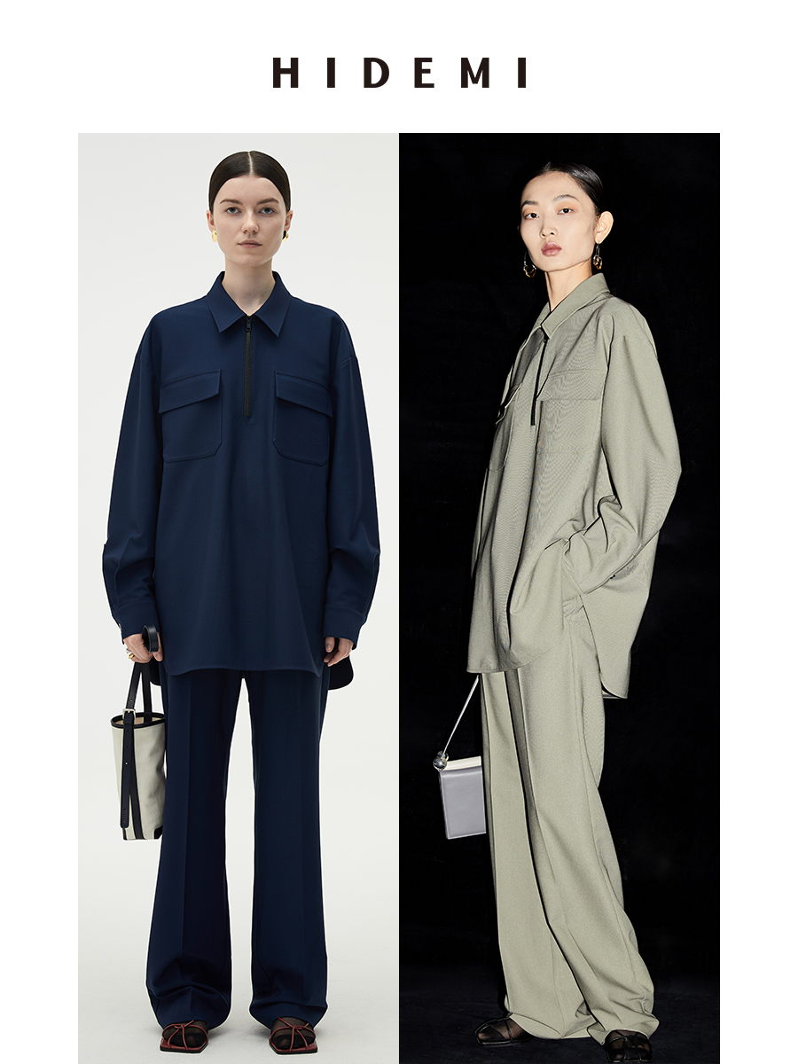 HIDEMI斜纹口袋设计感套装 杏仁卡其/藏蓝色