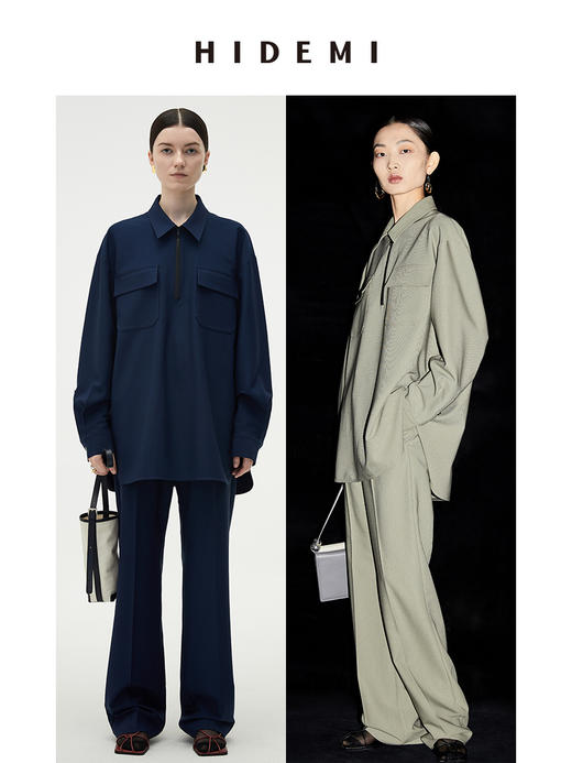 HIDEMI斜纹口袋设计感套装 杏仁卡其/藏蓝色 商品图0