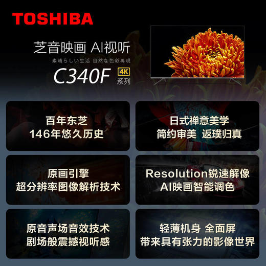 东芝（TOSHIBA）65C340F 65英寸 4K超高清 HDR 原画引擎 液晶电视 原音声场 AI远近场双声控 3GB+32GB 全面屏 商品图6