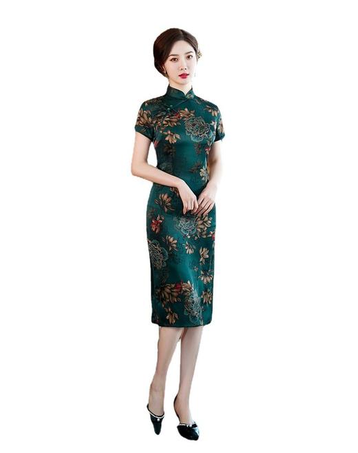ZA82251新款优雅气质修身立领短袖中长款仿真丝印花旗袍 商品图6