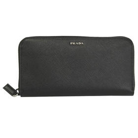 PRADA 普拉达 男士 Saffiano 十字纹皮革金属字母徽标拉链票夹钱包 黑色 2ML317 C5S F0D9A