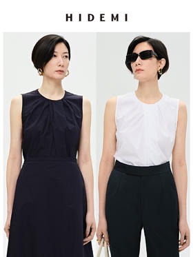 HIDEMI 褶皱设计感圆领棉质背心 藏蓝色/白色