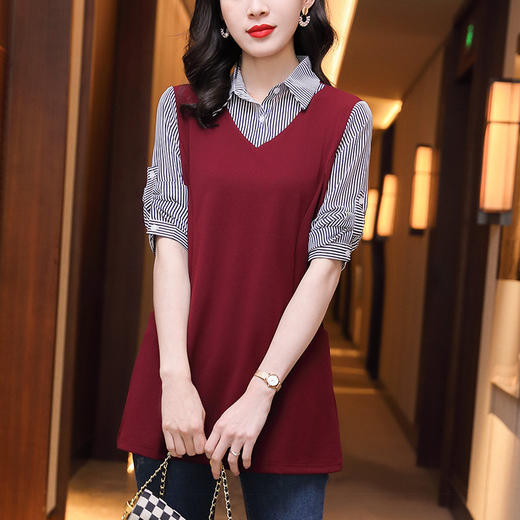 大码女装胖mm春装新款假两件拼接长袖衬衣中长款女士收腰显瘦上衣 TR- LWZ5921 商品图2