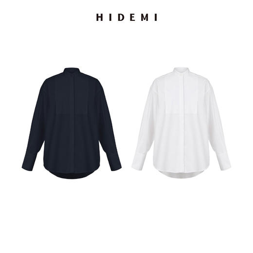 HIDEMI 经典拼接款圆领廓形衬衫 深藏蓝/白色 商品图0