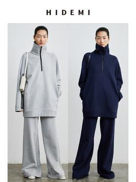 HIDEMI 拉链廓形boylish运动卫衣套装 卫衣/长裤 灰色/深蓝