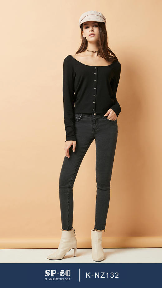 SP68 灰色三粒扣高腰加绒牛仔 K-NZ262 商品图1