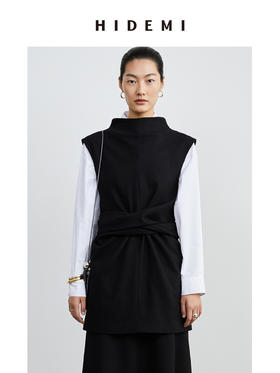 HIDEMI 黑色斜纹羊毛褶皱设计感绑带背心