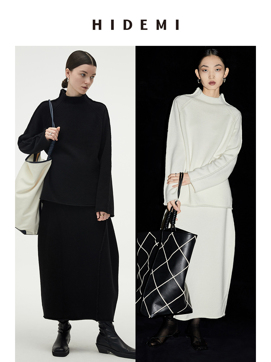 HIDEMI 美利奴羊毛简约设计感茧型套装 半高领毛衣/茧型半身裙