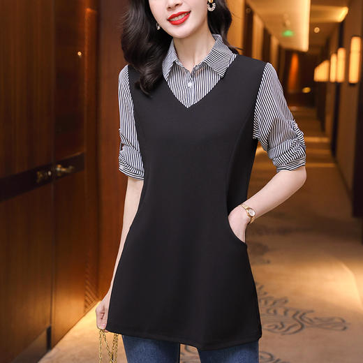 大码女装胖mm春装新款假两件拼接长袖衬衣中长款女士收腰显瘦上衣 TR- LWZ5921 商品图0