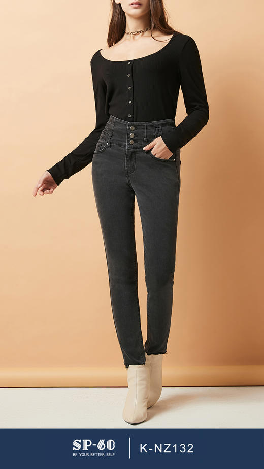 SP68 灰色三粒扣高腰加绒牛仔 K-NZ262 商品图2