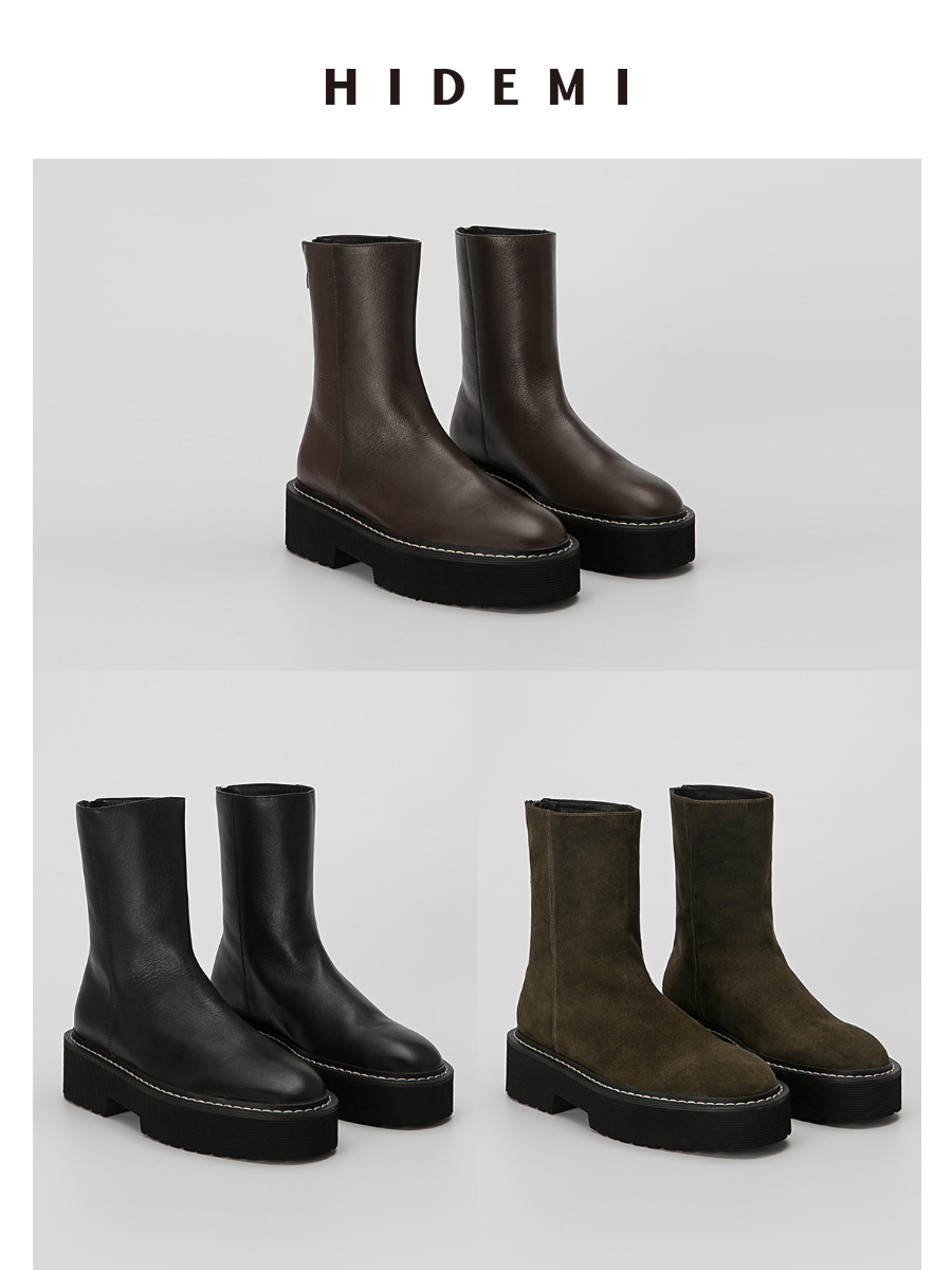 HIDEMI简约加厚增高底女鞋牛皮擦色短靴 黑色牛皮/棕色牛皮/墨绿色麂皮