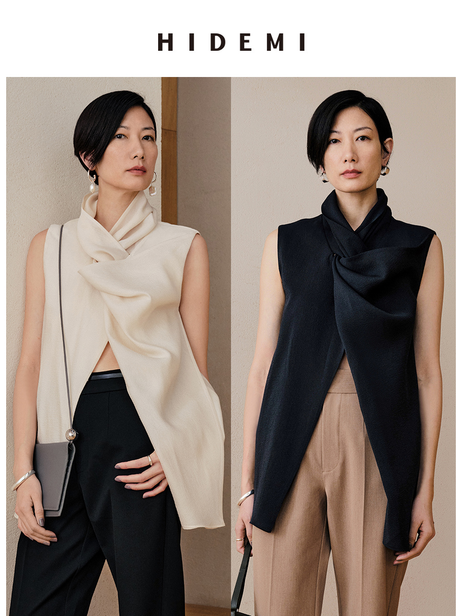 HIDEMI 微褶醋酸立体堆叠领不对称上衣