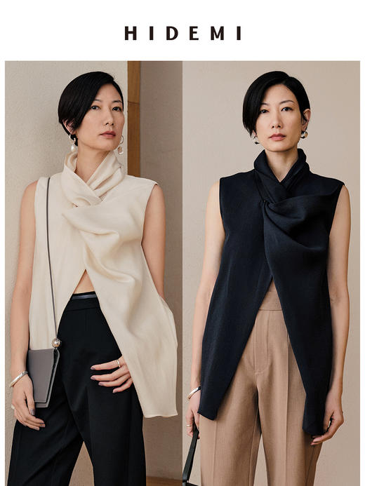 HIDEMI 微褶醋酸立体堆叠领不对称上衣 商品图0