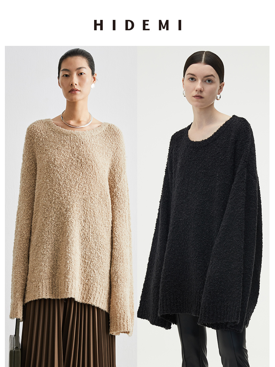 HIDEMI 圈圈羊驼毛粗针宽松毛衣 黑色/自然驼