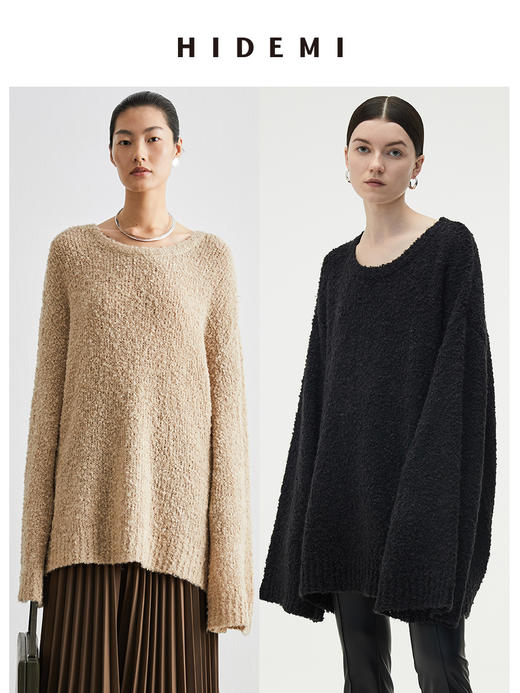 HIDEMI 圈圈羊驼毛粗针宽松毛衣 黑色/自然驼 商品图0
