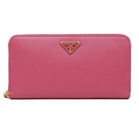 PRADA 普拉达 女士 Saffiano 十字纹皮革珐琅金属三角徽标长款票夹钱包 粉色 1ML506 QHH F0505