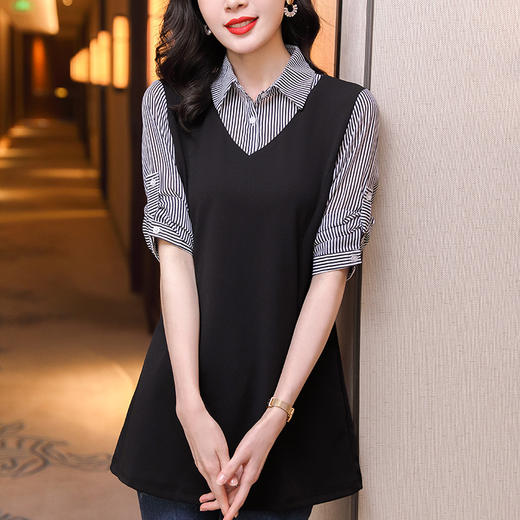 大码女装胖mm春装新款假两件拼接长袖衬衣中长款女士收腰显瘦上衣 TR- LWZ5921 商品图1