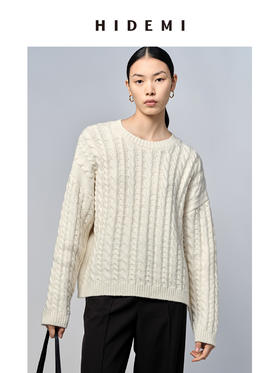 HIDEMI 美利奴羊毛系列原白色绞花粗针厚款圆领毛衣