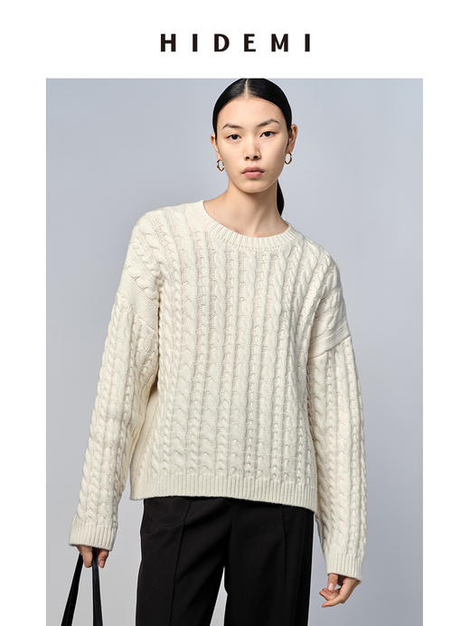 HIDEMI 美利奴羊毛系列原白色绞花粗针厚款圆领毛衣 商品图0