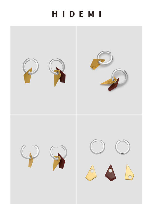 HIDEMI简约几何设计感不对称可拆卸式红色烤金耳环 商品图2