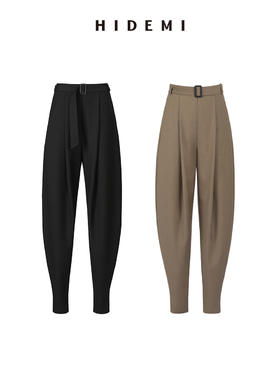 HIDEMI 简约腰带式高腰锥形长裤 黑色/卡其色