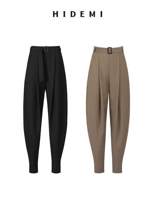 HIDEMI 简约腰带式高腰锥形长裤 黑色/卡其色 商品图0