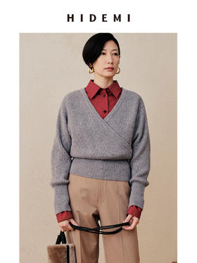 HIDEMI 美利奴羊毛V型叠领短款设计感毛衣