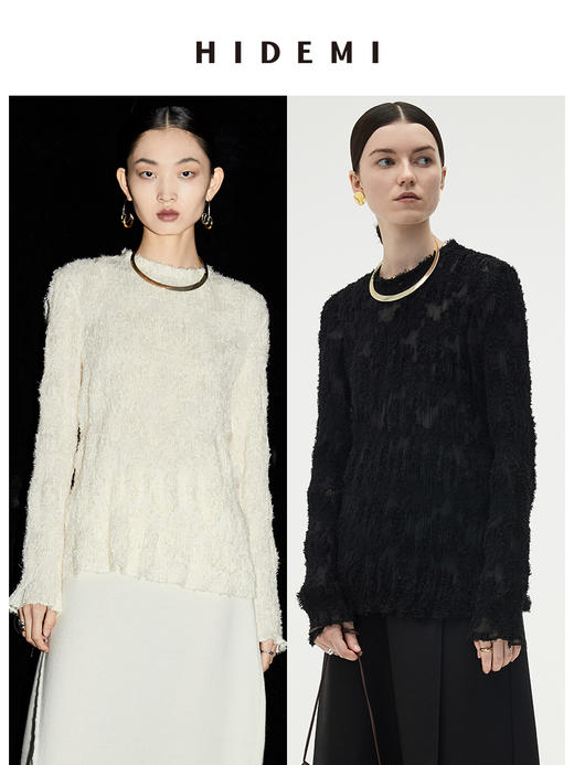 HIDEMI 到店必入艺术感雕花弹力上衣 黑色/米白色/奶油紫/巧克⼒⾊/清风绿 商品图4