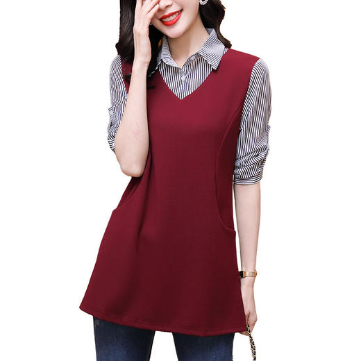 大码女装胖mm春装新款假两件拼接长袖衬衣中长款女士收腰显瘦上衣 TR- LWZ5921 商品图4