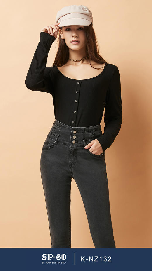 SP68 灰色三粒扣高腰加绒牛仔 K-NZ262 商品图3