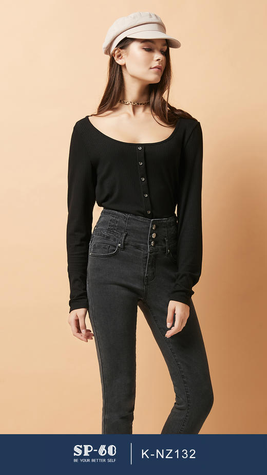 SP68 灰色三粒扣高腰加绒牛仔 K-NZ262 商品图6