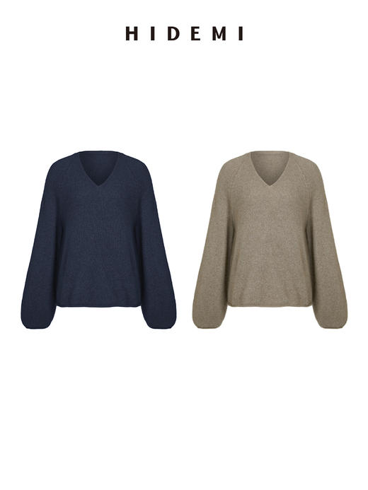 HIDEMI 浣熊毛V领灯笼袖毛衣 栗子色/静谧蓝 商品图0