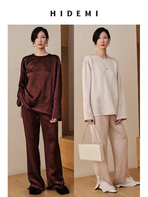 HIDEMI 醋酸褶皱浮雕套装 裸米色/棕红 商品图0
