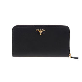 PRADA 普拉达 女士大号 Saffiano 皮革金属刻字徽标票夹钱包 黑色 1ML348 QWA F0002