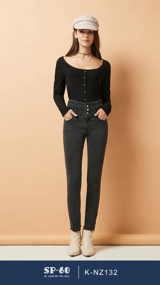 SP68 灰色三粒扣高腰加绒牛仔 K-NZ262 商品图0