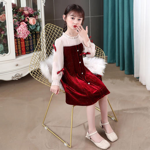 甜美洋气女童公主连衣裙，金丝绒长袖拼接蕾丝蝴蝶结儿童公主裙XWN-2520 商品图6