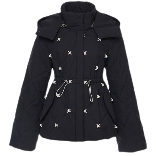 黑色手工订制珍珠花收腰棉服 商品图0