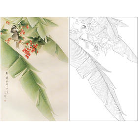 【无步骤】李长白竖幅工笔花鸟画白描底稿《红了樱桃绿了芭蕉 》LB08