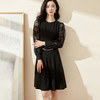 剩S/M 米思阳2025春季新款优雅气质收腰显瘦拼接网纱袖黑色连衣裙0112 商品缩略图1