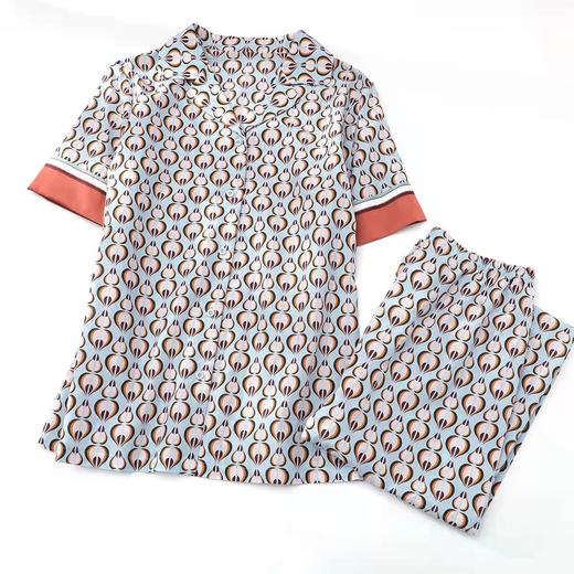 安莉芳桑蚕丝棉印花薄款睡衣套装女小翻领短袖长裤家居服EL00441 商品图3